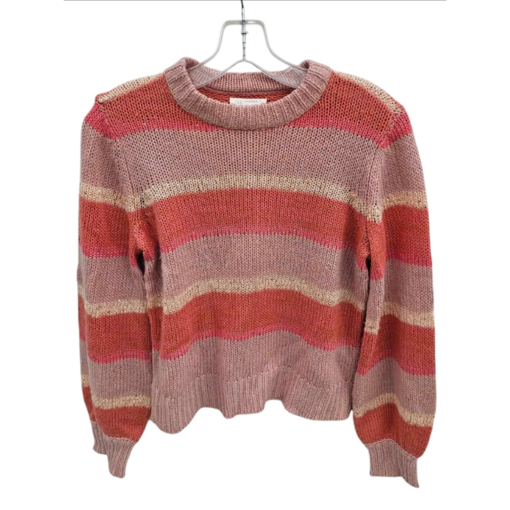 LC Lauren Conrad Striped Sequin Knit Sweater XS Pink Coral Sparkle EUC
